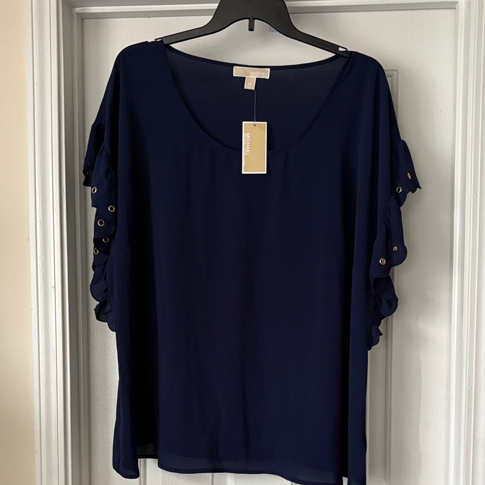 MICHAEL Michael Kors Deep Blue Blouse with Buttoned Ruffle Sleeves